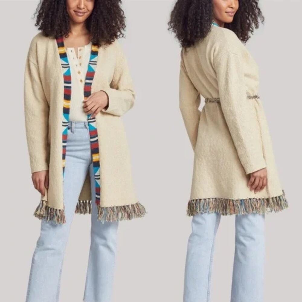 Faherty Crow Stripe Duster Cardigan NEW Organic Cotton Belted Fringe Trim M L
